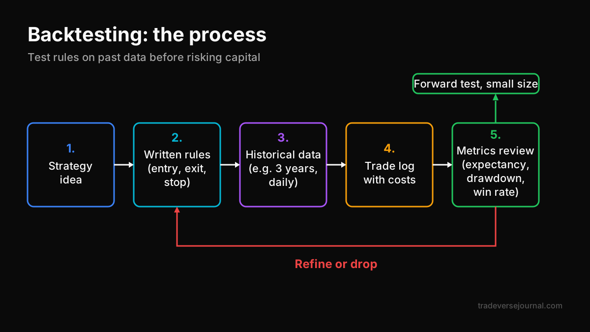 Backtesting process overview showing rules, historical data, trade log and performance review