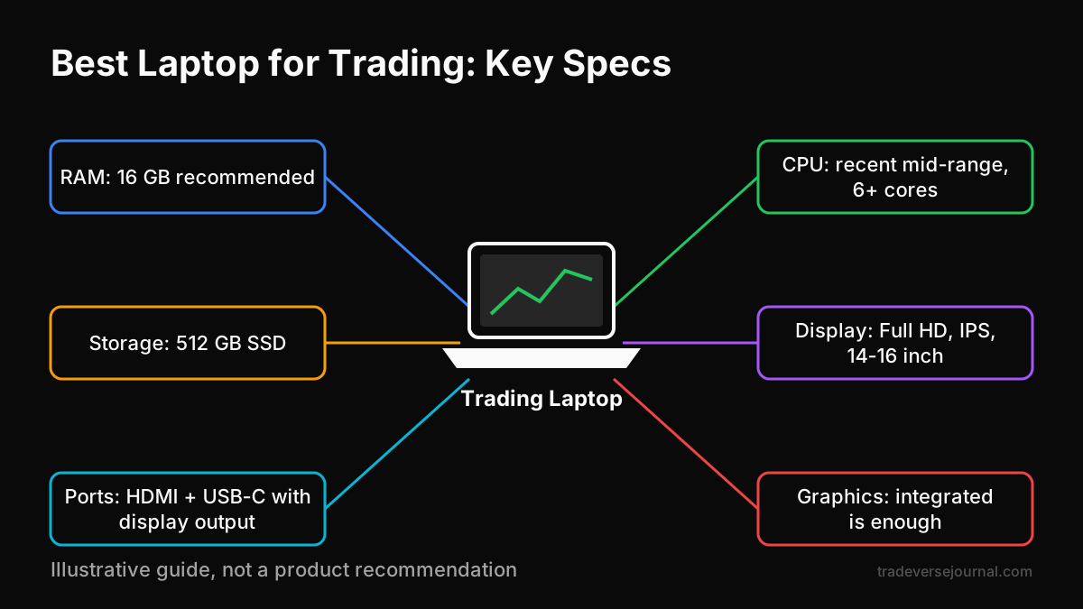 Best laptop for trading specs overview showing RAM, CPU, display and ports