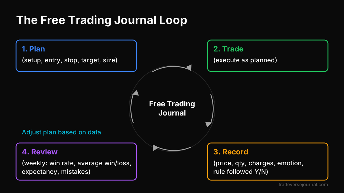 Overview diagram of a free trading journal loop: plan, trade, record, review