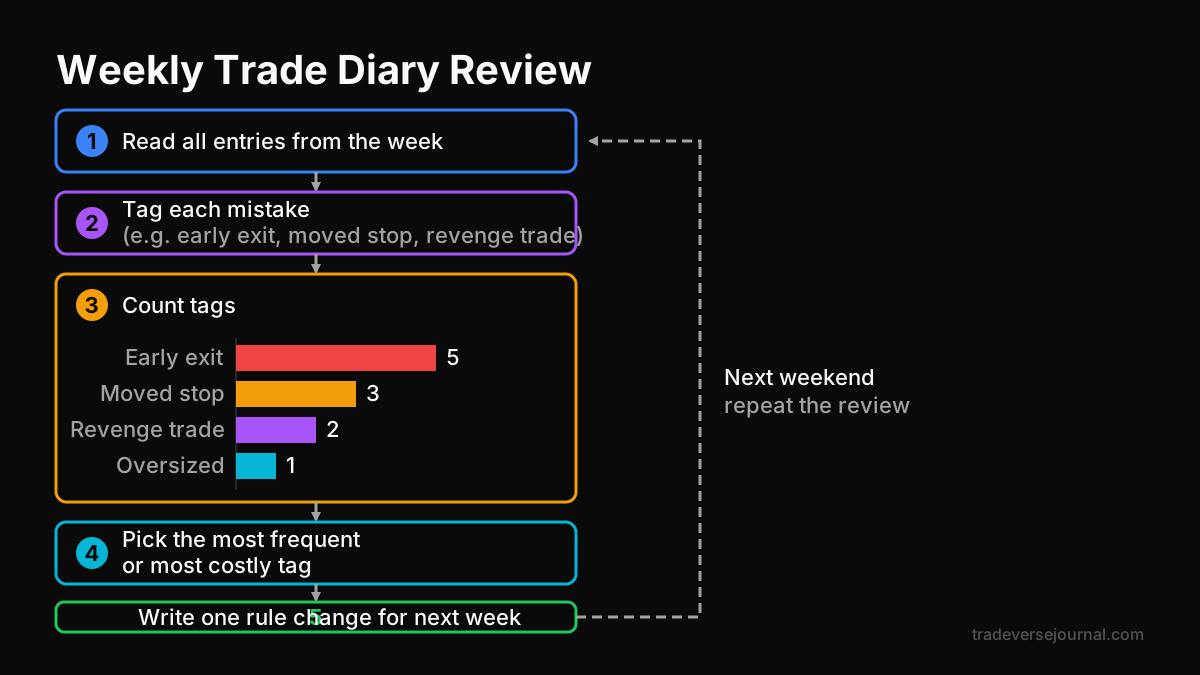 Weekly review flow from tagging mistakes to choosing one rule change
