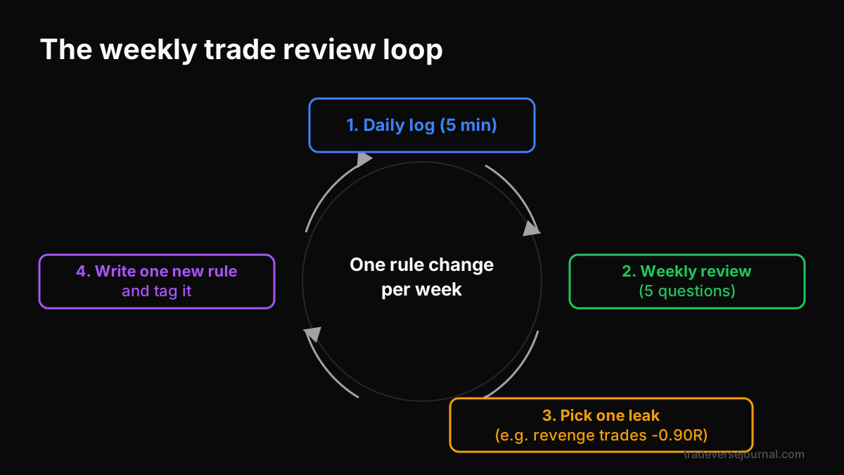 Step flow showing the weekly trade review loop from logging to rule change