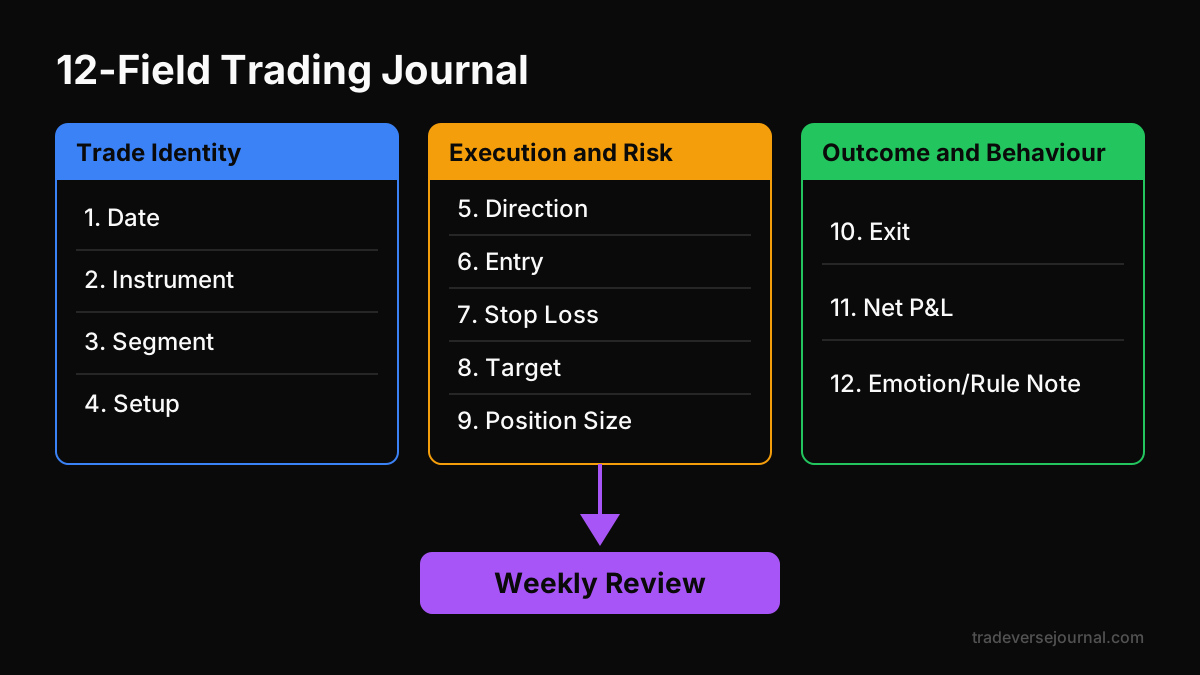 Trading journal template overview showing all 12 fields grouped into three blocks